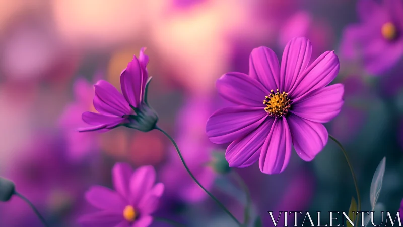 Magenta cosmos flowers in shallow depth of field arrangement.