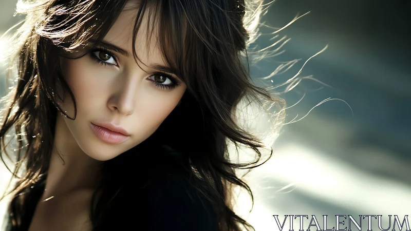 Sunlit strands frame a gaze that quietly steals daylight