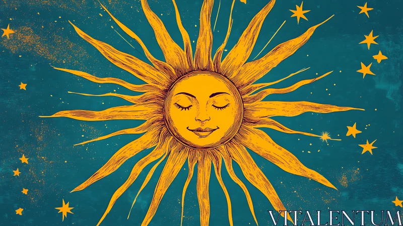 Dreaming sun goddess drifts amid turquoise midnight stars.