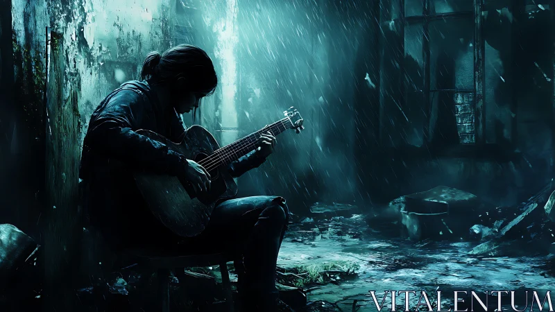 Cinematic digital painting of guitarist in ruined urban rainstorm.