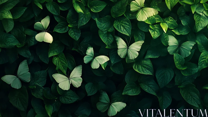 Green butterflies rest across dense overlapping foliage