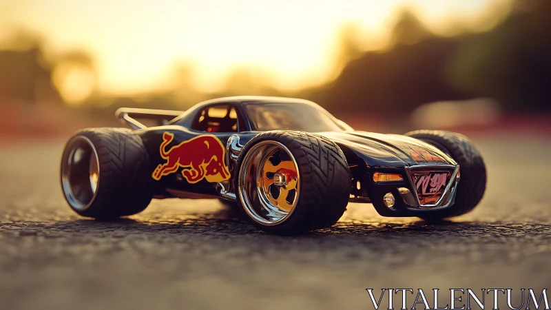 Macro profile of RC drift car with oversized slick tires at sunset