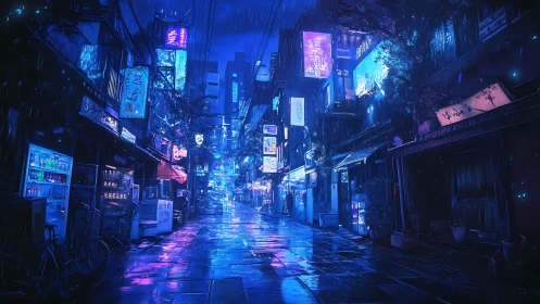 Neon-lit cyberpunk alley renders nocturnal rain-slicked depth