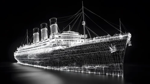 Futuristic Wireframe Ocean Liner Render on Black Background.