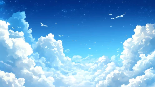Sunlit anime sky with soaring clouds and distant birds.
