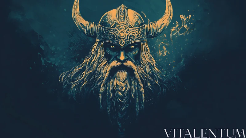 Viking warrior portrait with horned helmet in teal tones.