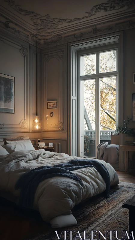 Ornate high-ceiling bedroom with balcony and soft daylight.