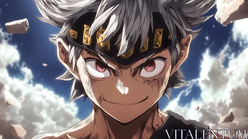 Silver-haired warrior glares upward amid shattered sky rocks