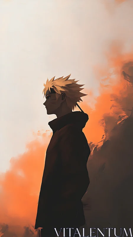 Anime silhouette hero against burning sky backdrop.