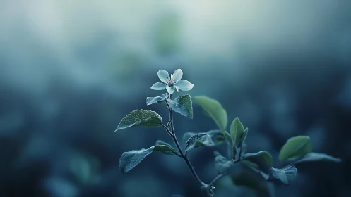 Delicate White Flower with Frost-Kissed Foliage Against Blurred Teal Background.