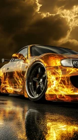 Flaming sports car reflects on wet asphalt under storm clouds