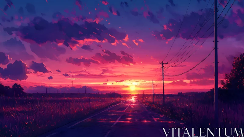 Twilight highway burns gold beneath electric violet clouds.