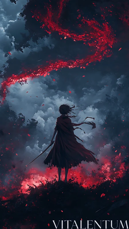 Silhouetted swordsman under swirling red energy and clouds.