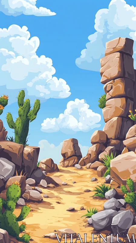 Stylized desert canyon path with cacti and stacked rock towers.