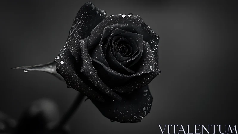 Macro analysis of dew-laden black rose under low-key lighting.