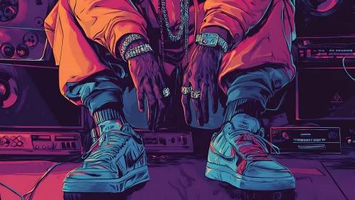 Streetwear figure seated above audio gear in neon palette
