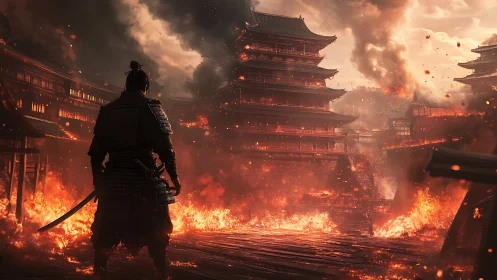 Lone samurai watching a burning city choose its fate.