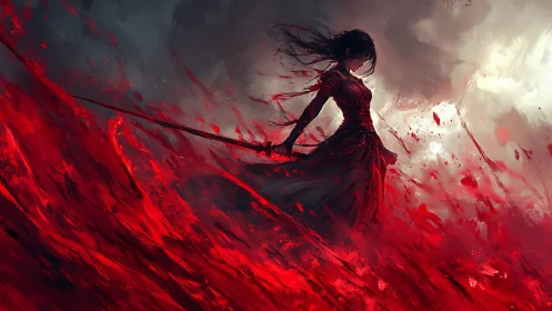 Sword-wielding woman stands in violent red stormscape.