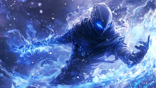 Ice-cloaked spectral warrior wielding volatile blue energy.