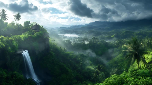 Lush tropical valley waterfall in cinematic digital painting.