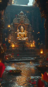 Golden temple deity glows softly in lantern lit monsoon rain