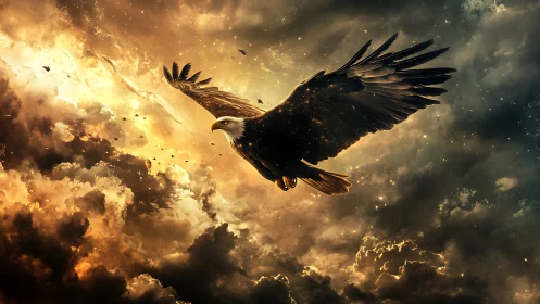 Majestic Bald Eagle Soaring Through Dramatic Golden Sky, Digital Art.