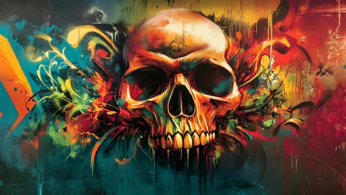 Color-drenched skull graffiti bursting with wild energy.