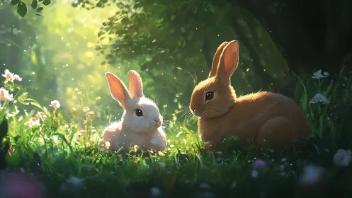 Two rabbits resting in sunlit forest grass and flowers.