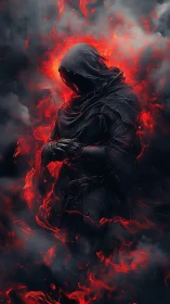 Hooded ember spirit wrapped in swirling crimson firestorm.