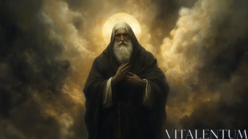 Elderly robed figure with halo amid dense swirling clouds.