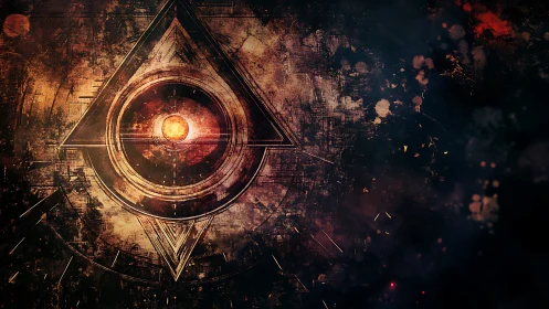 Geometric circular symbol is centered within layered triangle