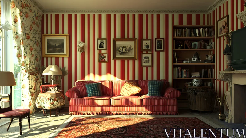 Cozy striped living room glowing in gentle afternoon light.