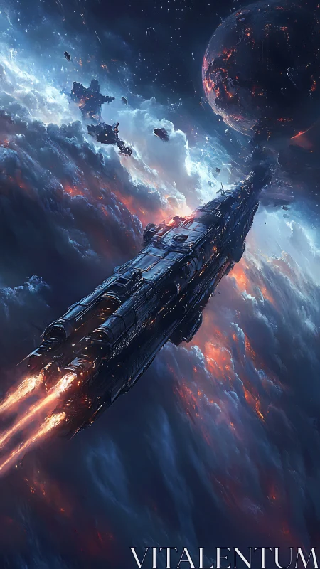 Star cruiser drifting through blazing nebula clouds.