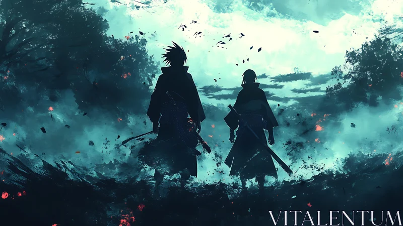 Stormlit sword brothers stride through embers and misted sky.