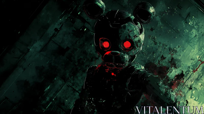 Cybernetic bear animatronic glows with ominous red light.