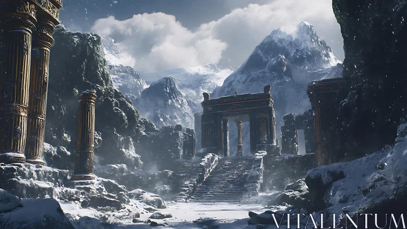 Snow-crowned mountain temple ruins awaiting lost footsteps.