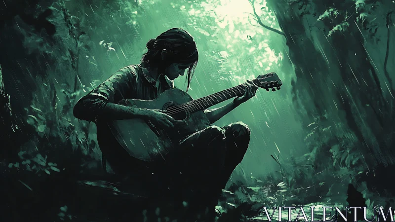 Solitary guitarist finds refuge in rain-soaked forest clearing.