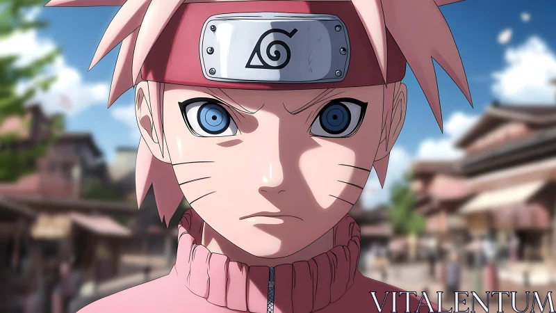 Close frontal view shows stylized character in village street