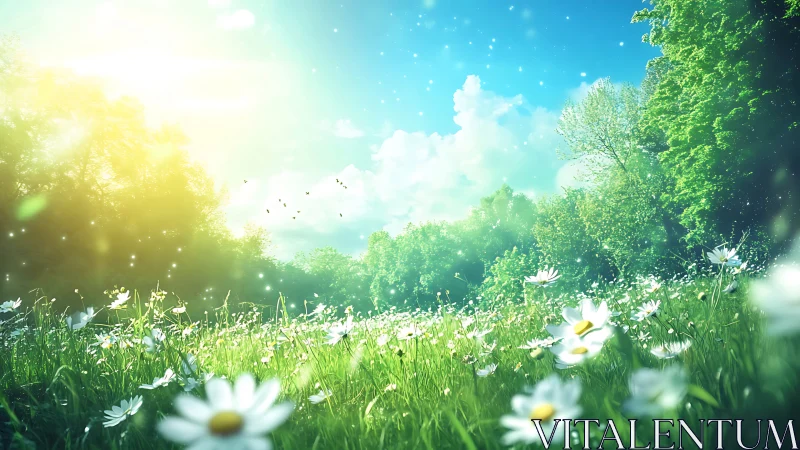 Spring meadow glows under radiant morning sunlight.