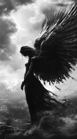 Dark winged figure stands over turbulent, reflective sea