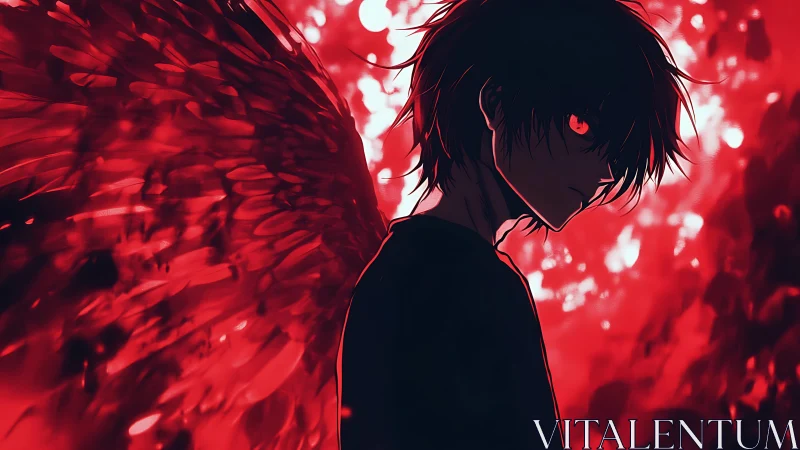 Dark winged anime figure glows in intense crimson light.