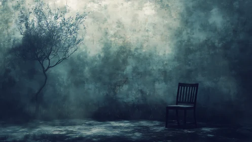 Quiet meeting of tree and chair in a misty blue corner.