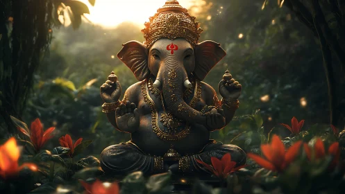 Ganesha deity statue in lush forest with glowing light.