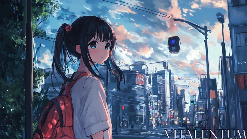 Girl with red backpack crosses neon city at sunset.