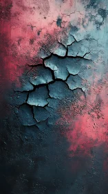 Cracked textured surface glows with teal and crimson light.