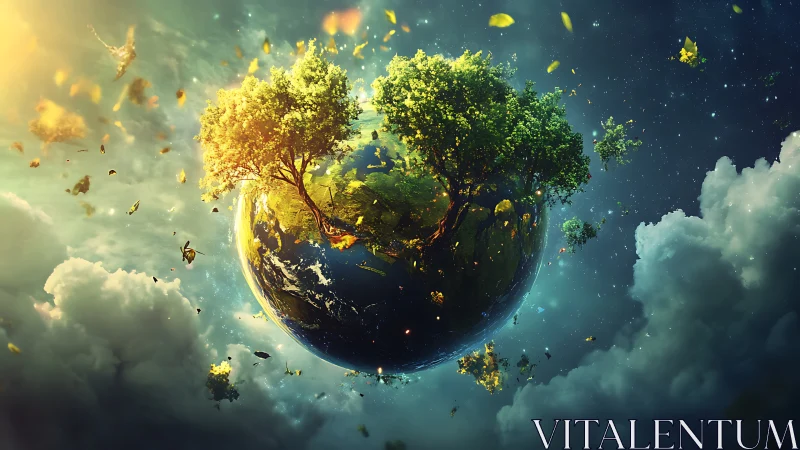 Floating earth grove merges cosmic light and lush growth.