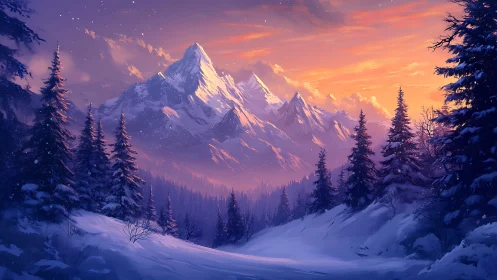 Snowy mountain valley under vivid sunset sky.