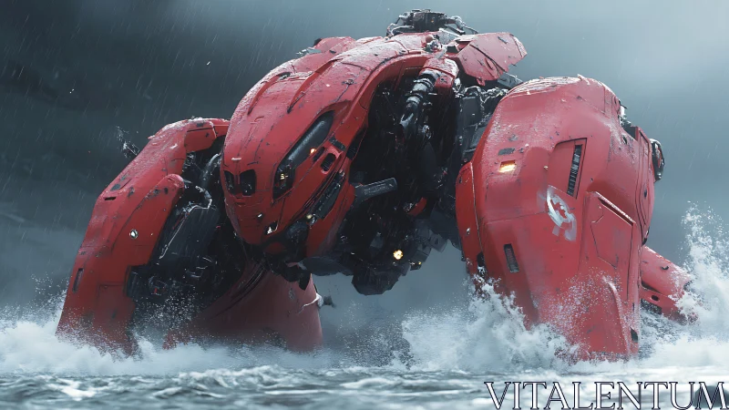 Red bipedal mech in rough water under rainfall conditions.