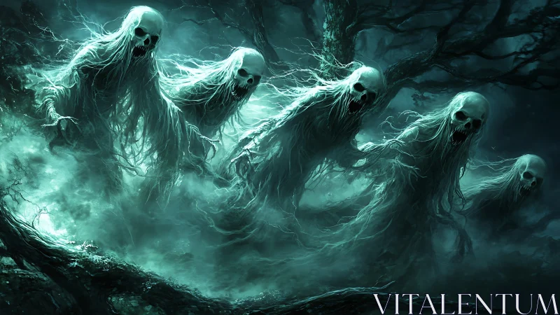 Haunting spectral wraiths surge through a cursed forest night.