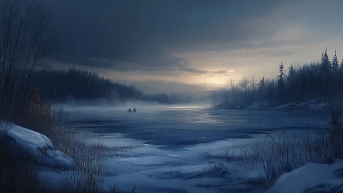 Soft winter lake at dusk with quiet forest silhouettes.